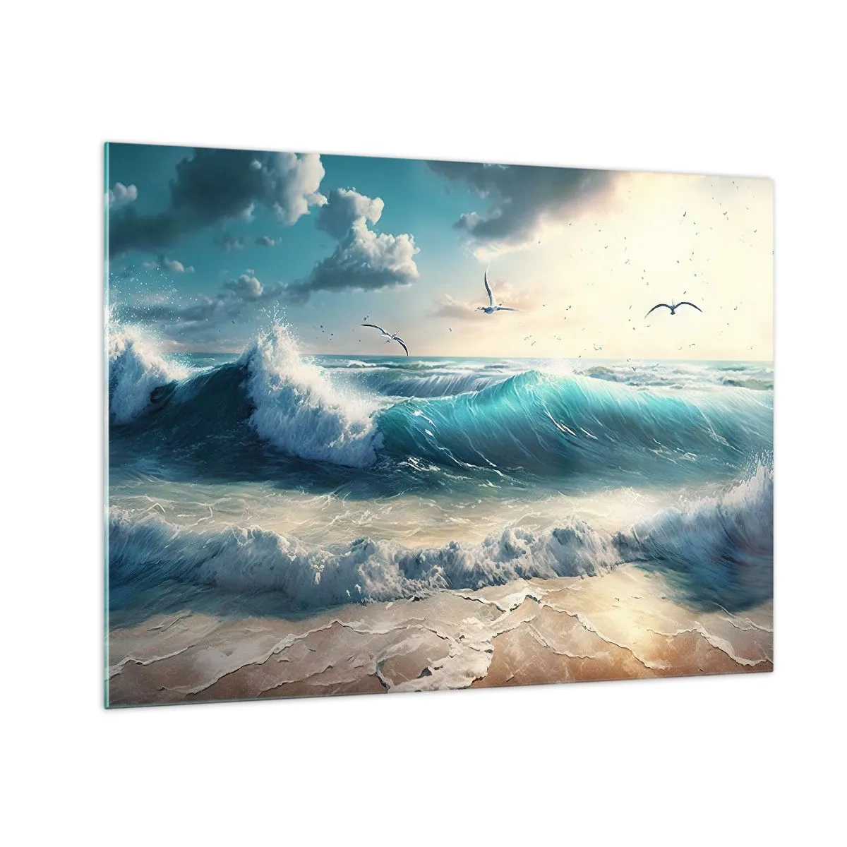 Obraz na skle - Vlny tříštící se o břeh v ranním světle - 70x50cm - Šustění jen pro tebe - Moderní nástěnná dekorace do obývacího pokoje a ložnice ARTTOR