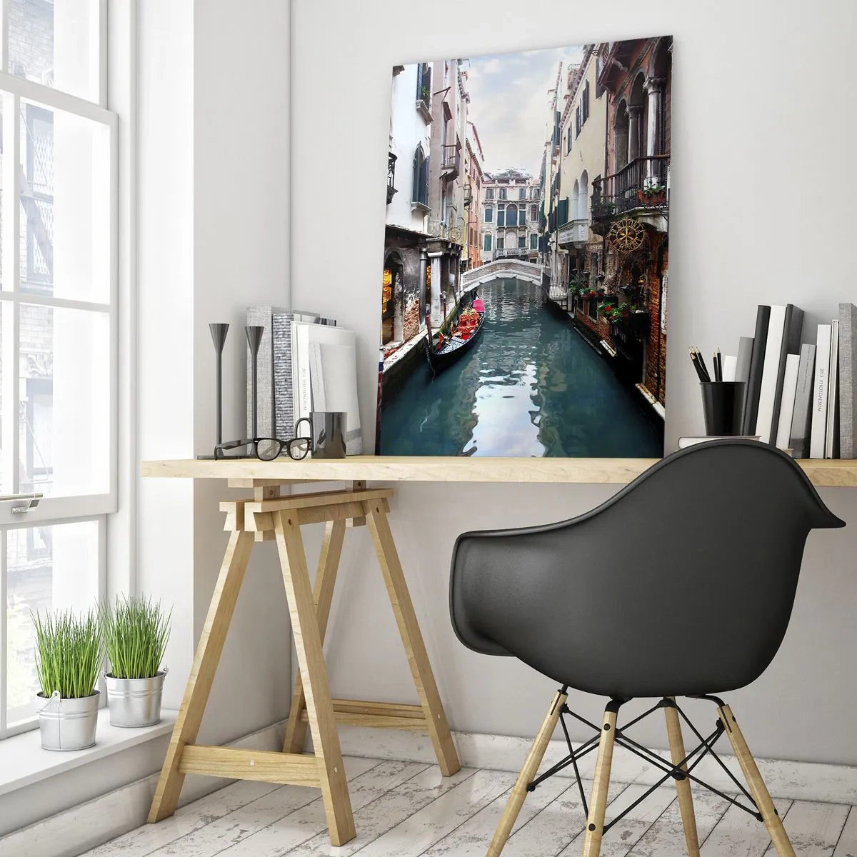 Obraz na skle - Benátská krajina s gondolou a můstkem - 50x70 cm