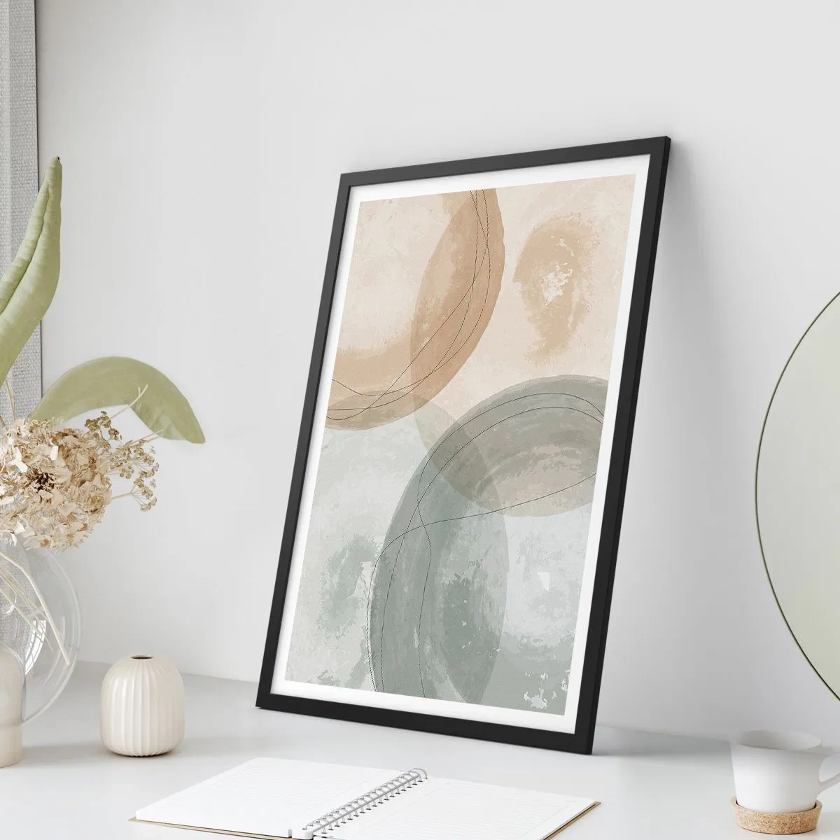 Plakát v černém rámu - Geometrické tvary v pastelových tónech země - 50x70cm - Pronikání světů - Moderní nástěnná dekorace do obývacího pokoje a ložnice ARTTOR