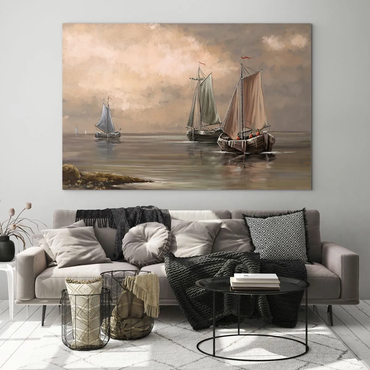 Obraz na skle - Tři plachetnice na klidném moři v pastelových barvách - 70x50cm - Návrat námořníků - Moderní nástěnná dekorace do obývacího pokoje a ložnice ARTTOR