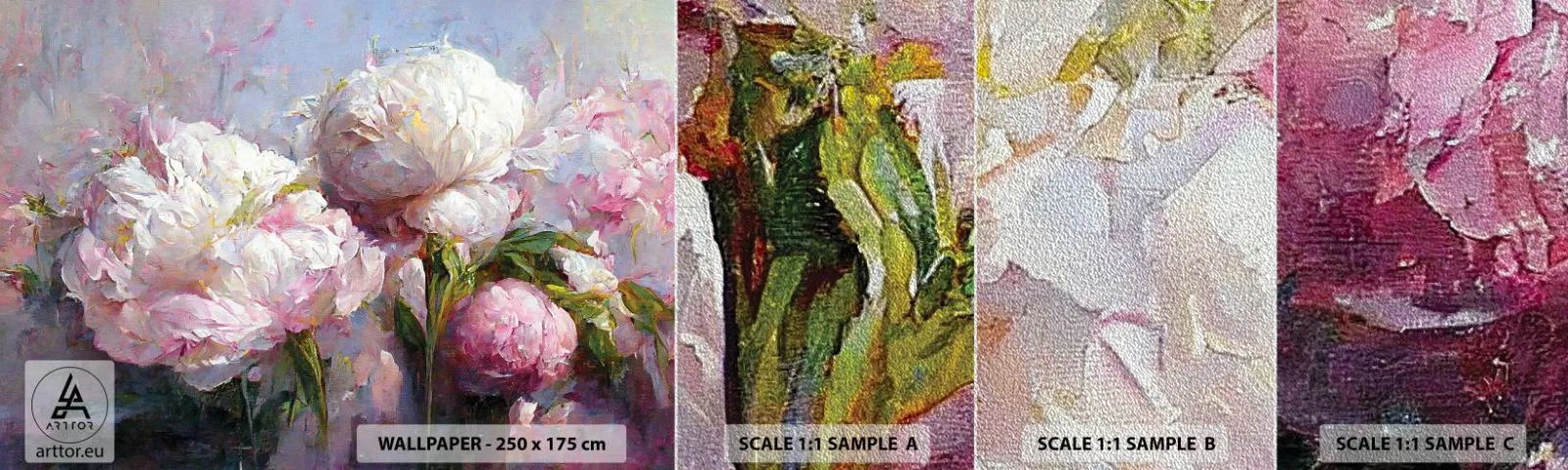 Vzor Fototapety Premium Sand - Kytice překypující životem - Květiny, Pivoňky, Klasicismus - 100x30 cm