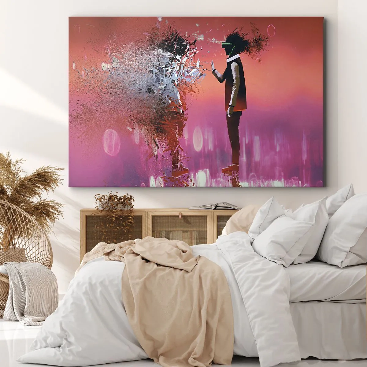 Obraz na plátně - Abstraktní scéna s futuristickou postavou a rozptýlenými prvky. - 70x50cm - Lze nahlédnut do sebe? - Moderní nástěnná dekorace do obývacího pokoje a ložnice ARTTOR