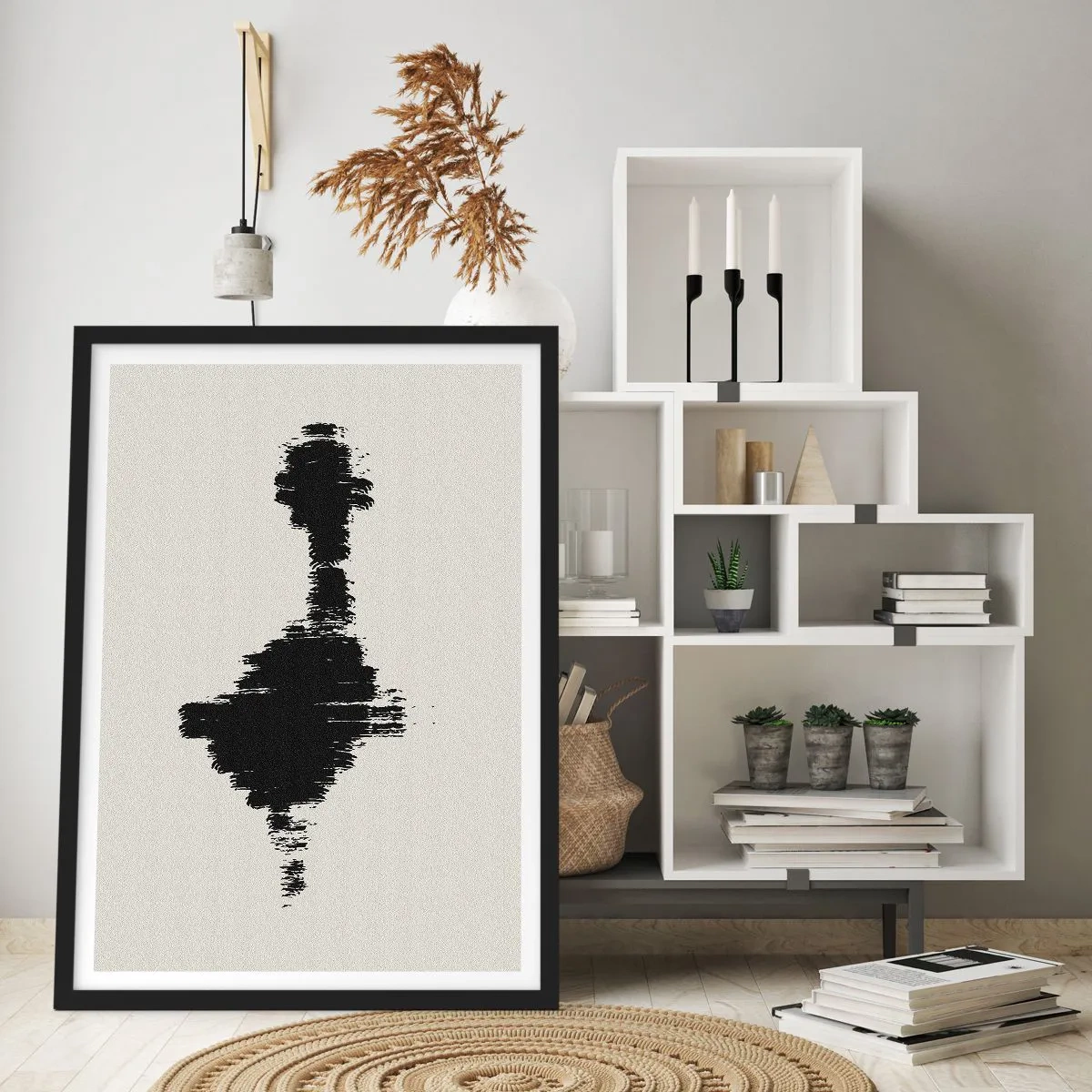 Plakát v černém rámu - Minimalistická abstrakce v černé a bílé - 50x70cm - Vibrace představivosti - Moderní nástěnná dekorace do obývacího pokoje a ložnice ARTTOR