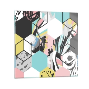 Obraz na skle - Šestiúhelníky a krychle v šesti barvách - 70x70 cm