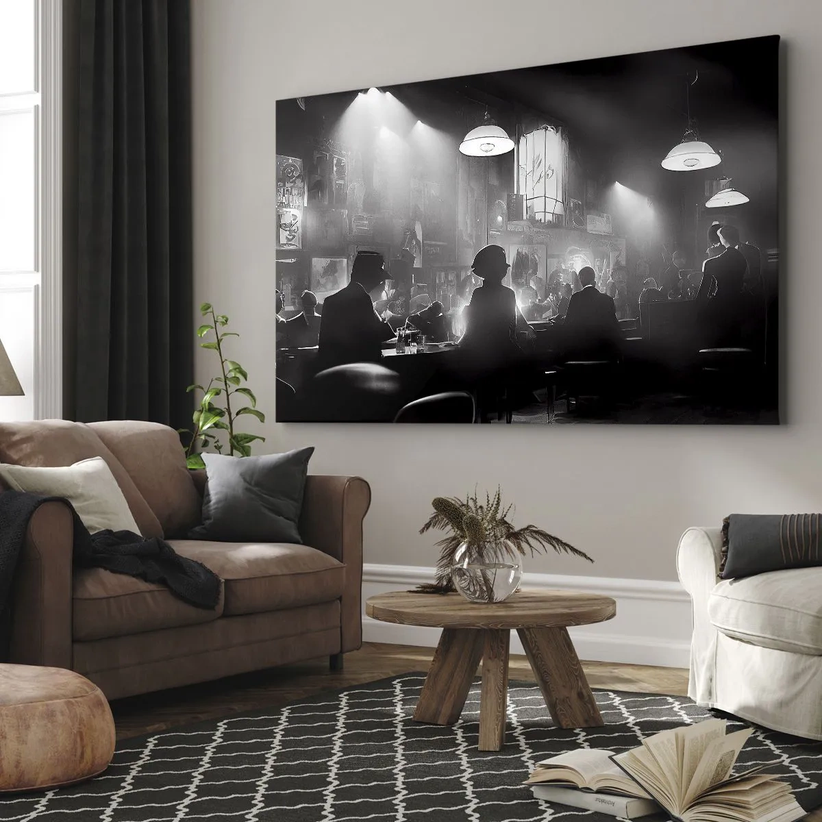 Obraz na plátně - Černobílá jazzová noční scéna - 70x50cm - V jazzové atmosféře - Moderní nástěnná dekorace do obývacího pokoje a ložnice ARTTOR