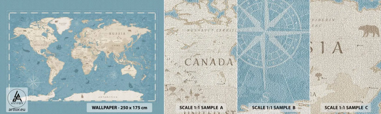 Vzor Fototapety Premium Canvas - Svět na dosah ruky - Mapa světa, Vinobraní, grunge - 100x30 cm