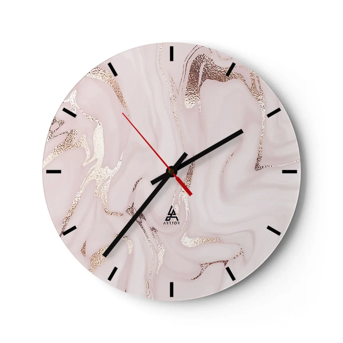 Nástěnné hodiny - Světle růžové mramorové pozadí s jiskřivými zlatými žilkami - 30x30cm - V růžovém šílenství - Moderní nástěnná dekorace do obývacího pokoje, kuchyně a ložnice ARTTOR