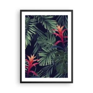 Plakát v černém rámu - Tropické listy a květiny na tmavém pozadí - 50x70cm - Vzplanout v zeleném - Moderní nástěnná dekorace do obývacího pokoje a ložnice ARTTOR