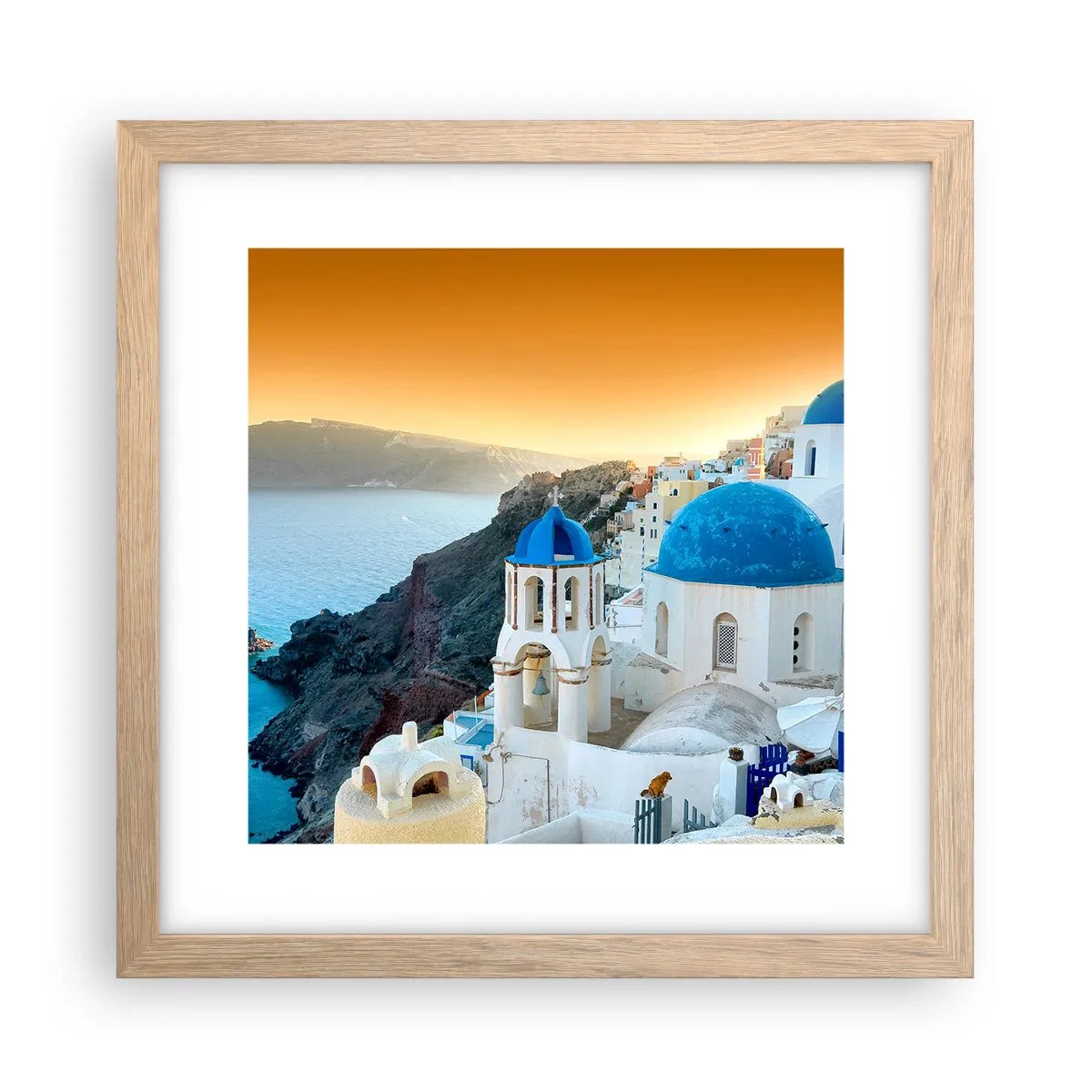 Plakát v rámu světlý dub - Santorini - přitulené ke skalám - 30x30 cm