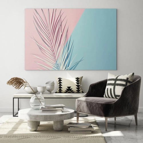 Obraz na skle - Palmový list na pastelovém pozadí v geometrické kompozici - 70x50cm - Tropický dojem - Moderní nástěnná dekorace do obývacího pokoje a ložnice ARTTOR