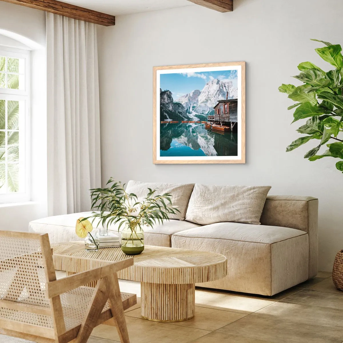 Plakát v rámu světlý dub - Krystalické, horské ráno - 40x40 cm