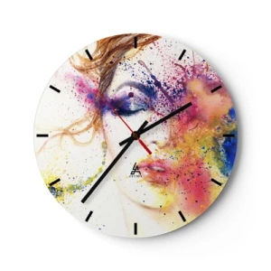 Nástěnné hodiny - Abstraktní portrét ženy v barvách duhy - 30x30cm - Duhová závrať - Moderní nástěnná dekorace do obývacího pokoje, kuchyně a ložnice ARTTOR
