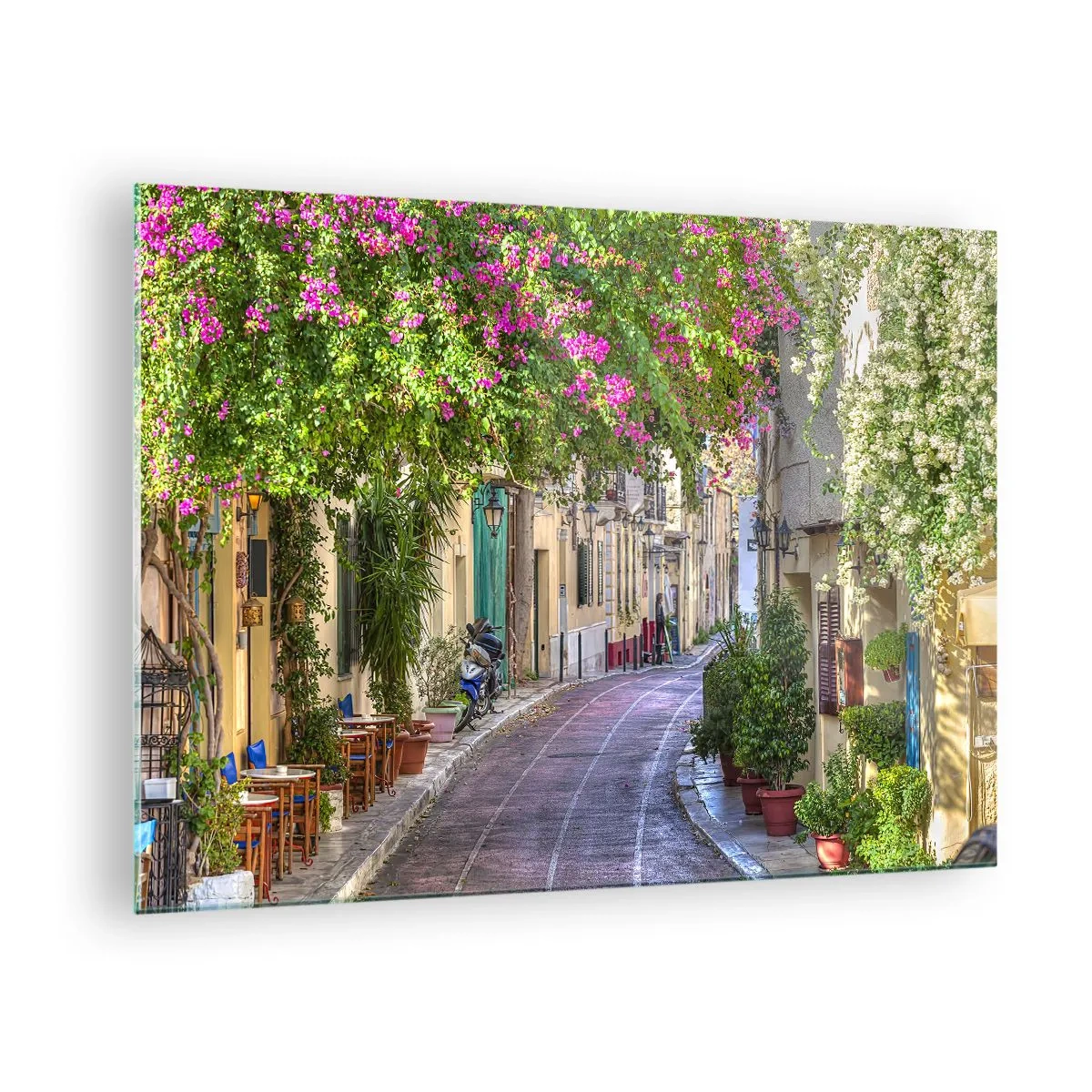 Obraz na skle - Kouzelná ulice s kvetoucími stromy - 70x50cm - Kvetoucí zákoutí - Moderní nástěnná dekorace do obývacího pokoje a ložnice ARTTOR