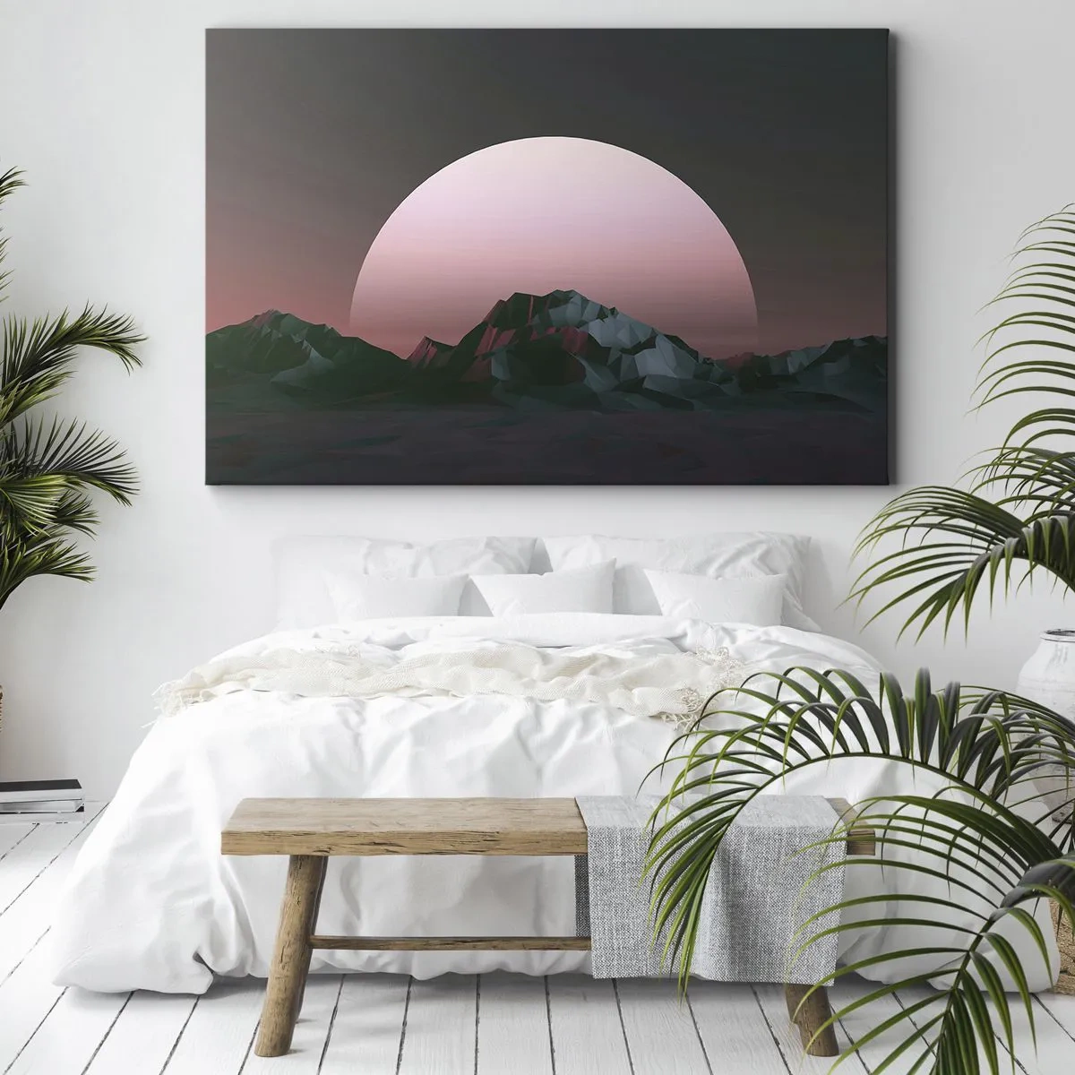 Obraz na plátně - Geometrické hory se zapadajícím sluncem v pozadí - 70x50cm - V sousední galaxii - Moderní nástěnná dekorace do obývacího pokoje a ložnice ARTTOR