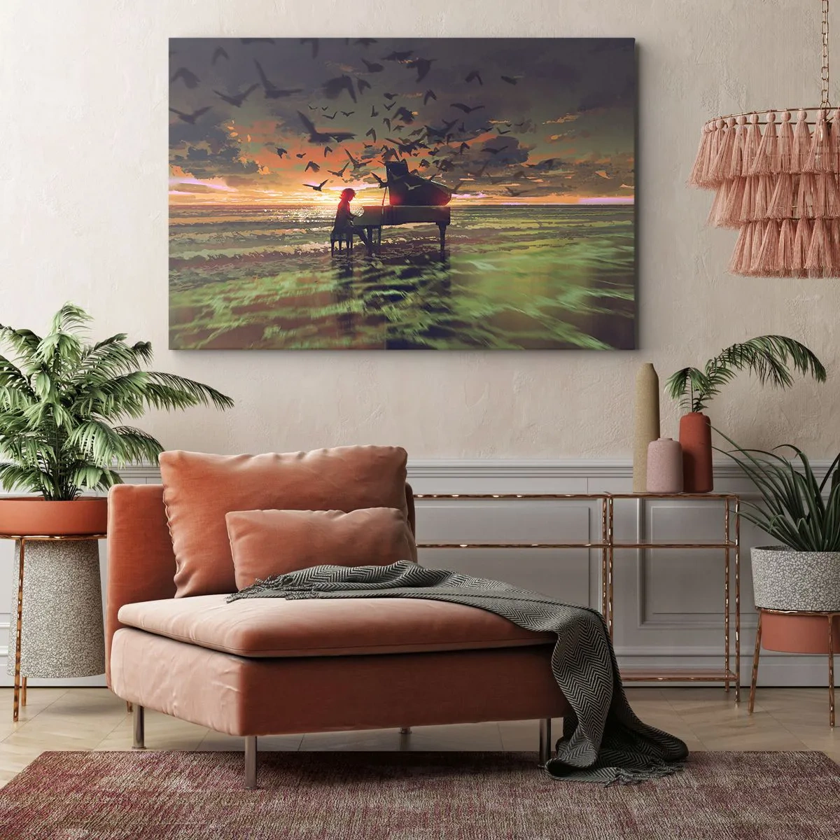 Obraz na plátně - Klavír na pobřeží při západu slunce s ptáky - 70x50cm - Koncert na piano a vlny - Moderní nástěnná dekorace do obývacího pokoje a ložnice ARTTOR