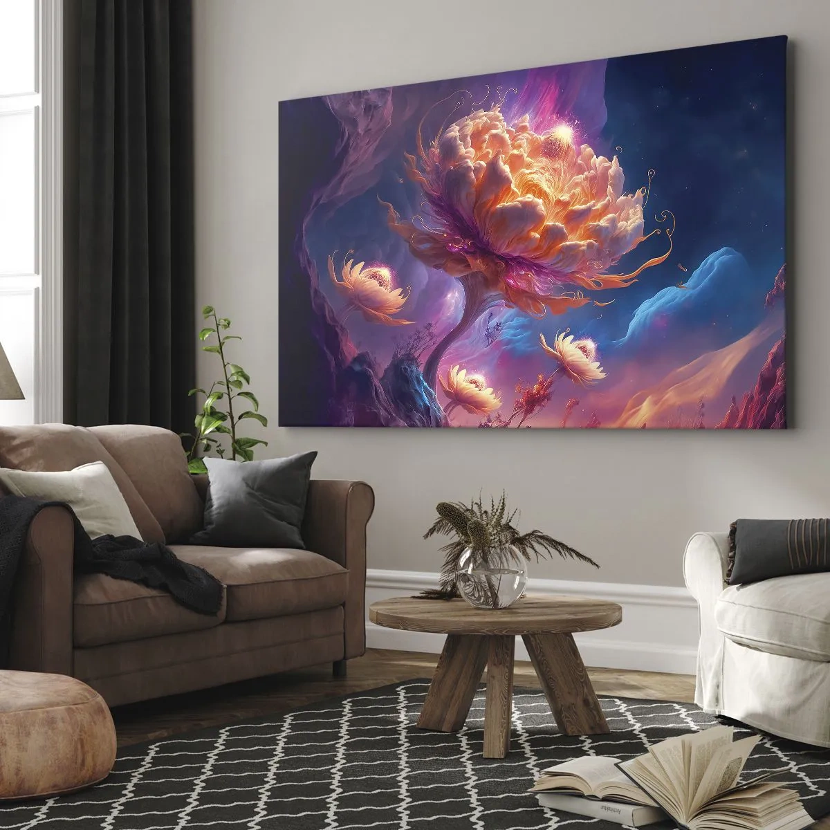 Obraz na plátně - Fantastické květiny v kosmické krajině - 70x50cm - Jiný svět - Moderní nástěnná dekorace do obývacího pokoje a ložnice ARTTOR