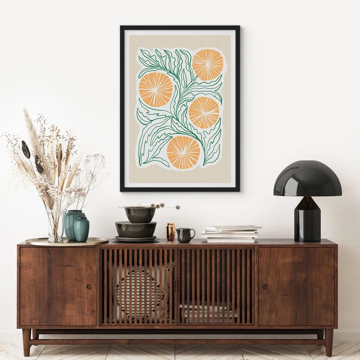 Plakát v černém rámu - Abstraktní kompozice z listů a pomerančů na béžovém pozadí - 50x70cm - Etnický s abstraktním nádechem - Moderní nástěnná dekorace do obývacího pokoje a ložnice ARTTOR