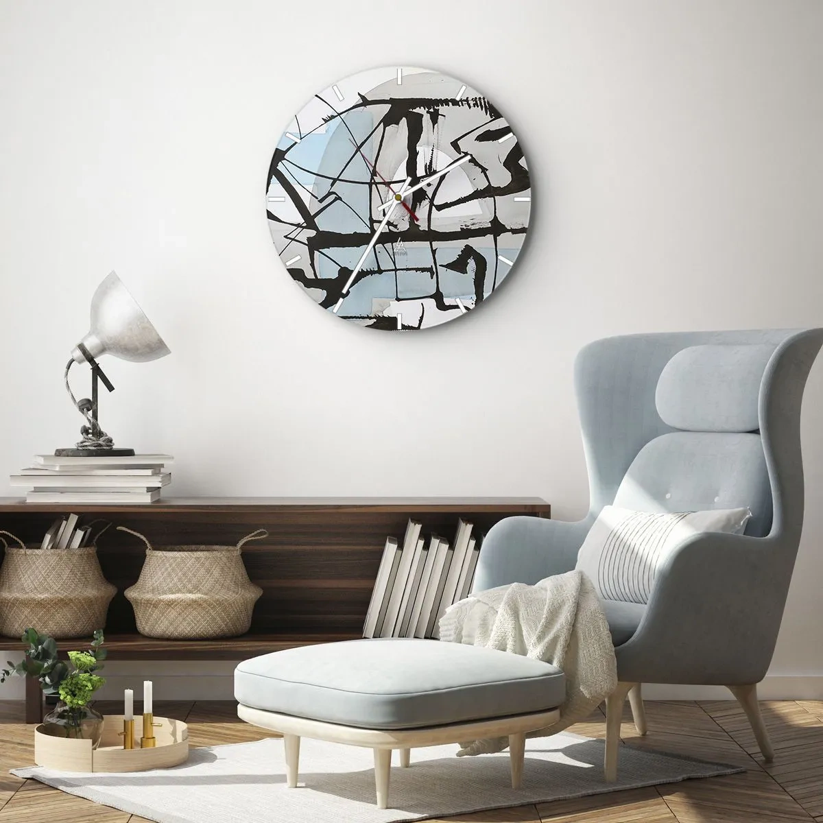 Nástěnné hodiny - Černé abstraktní čáry na pozadí modrých a šedých skvrn - 30x30cm - Přesto modrá - Moderní nástěnná dekorace do obývacího pokoje, kuchyně a ložnice ARTTOR