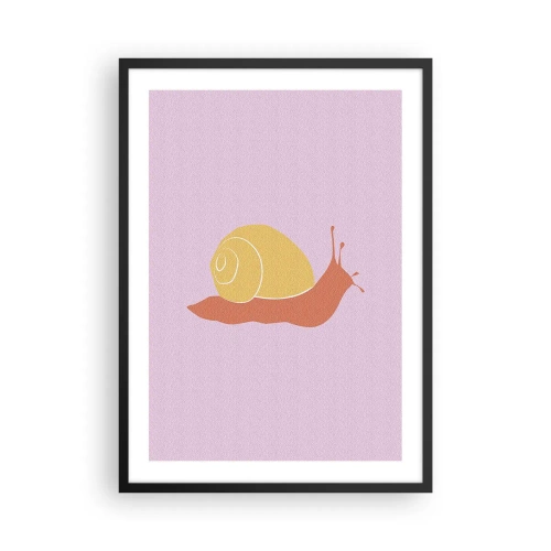 Plakát v černém rámu - Minimalistická grafika šneka na pastelovém pozadí - 50x70cm - Není kam spěchat - Moderní nástěnná dekorace do obývacího pokoje a ložnice ARTTOR