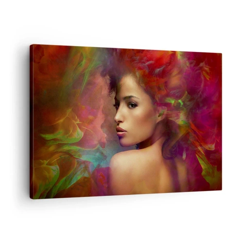 Obraz na plátně - Žena s barevnými odrazy vytvářejícími abstraktní pozadí - 70x50cm - Krásnější než duha, jemnější než mlha - Moderní nástěnná dekorace do obývacího pokoje a ložnice ARTTOR