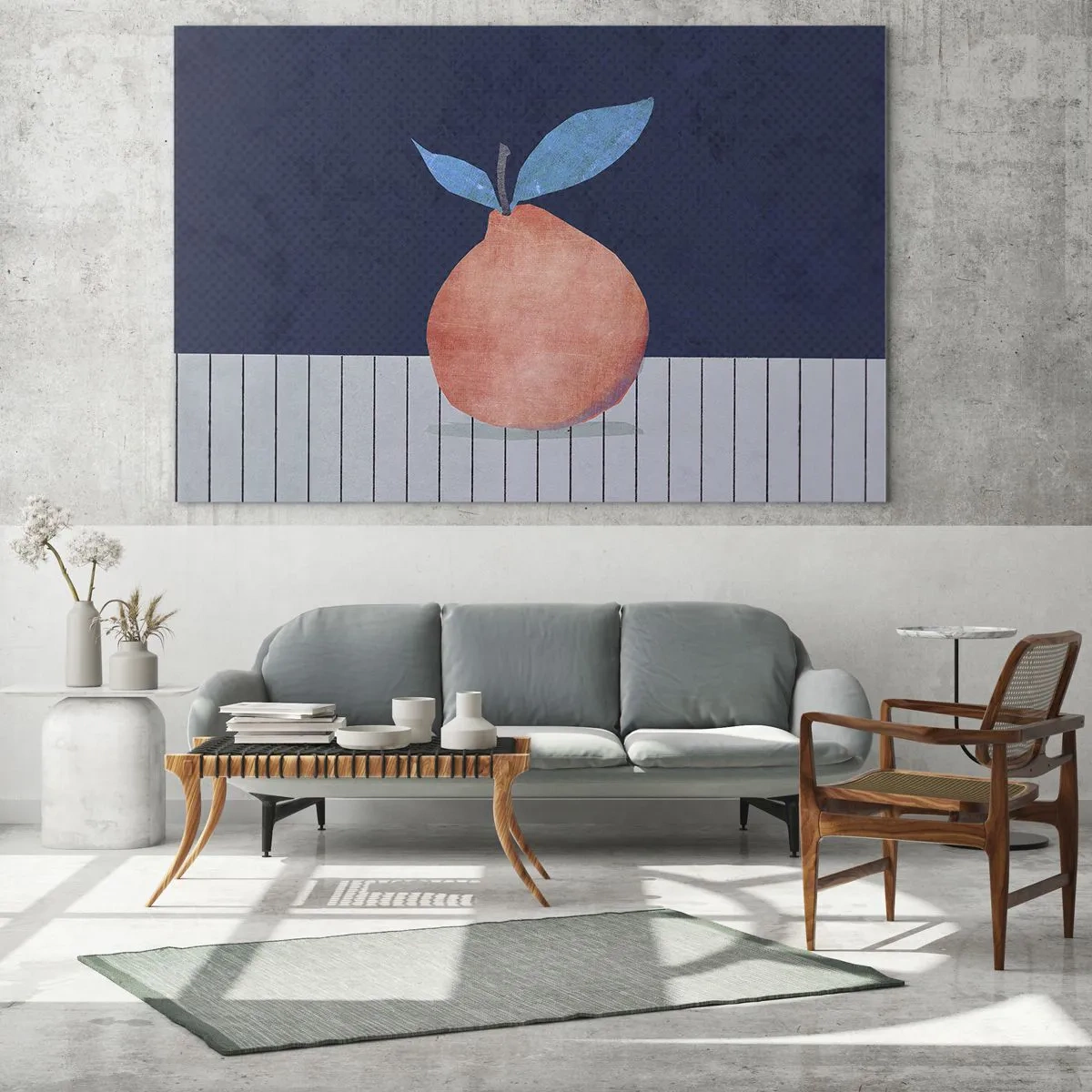 Obraz na skle - Ovoce s abstraktní formou proti geometrické kompozici - 70x50cm - Konvexita a rovina - Moderní nástěnná dekorace do obývacího pokoje a ložnice ARTTOR