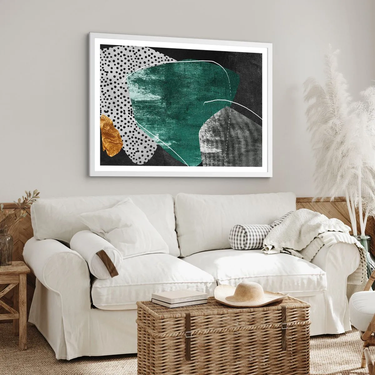 Plakát v bílém rámu - Barevná abstrakce se zlatou vločkou - 100x70 cm