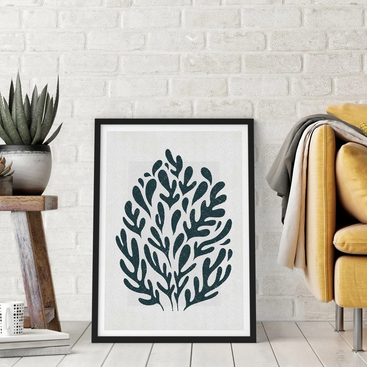 Plakát v černém rámu - Černá rostlinná kompozice na světlém pozadí - 50x70cm - Tvary přírody - Moderní nástěnná dekorace do obývacího pokoje a ložnice ARTTOR