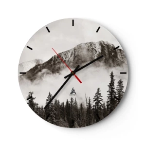 Nástěnné hodiny - Horská krajina s lesem v mlhavé atmosféře - 30x30cm - Žulový panovník - Moderní nástěnná dekorace do obývacího pokoje, kuchyně a ložnice ARTTOR