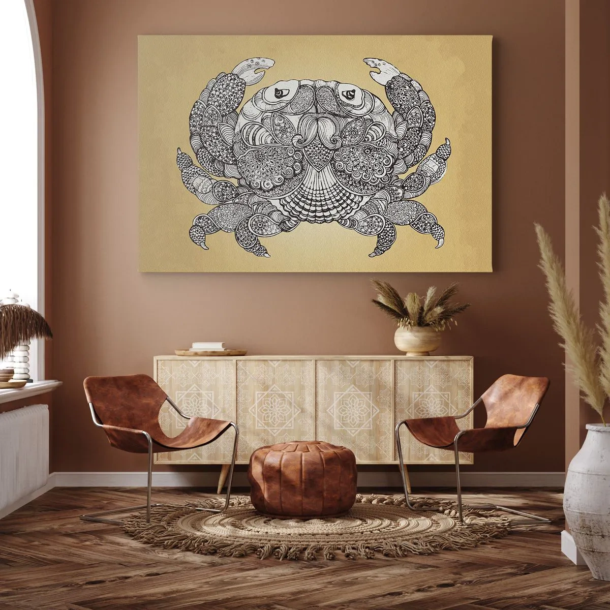 Obraz na plátně - Dekorativní kresba kraba na zlatém pozadí - 70x50cm - Příběhy pana Kraba - Moderní nástěnná dekorace do obývacího pokoje a ložnice ARTTOR