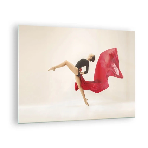 Obraz na skle - Tanečnice v dynamickém skoku s červenou látkou - 70x50cm - Červené a černé - Moderní nástěnná dekorace do obývacího pokoje a ložnice ARTTOR