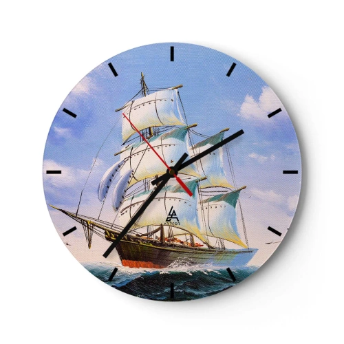 Nástěnné hodiny - Malířské plachetnice na rozbouřeném moři pod modrou oblohou - 30x30cm - Hrdě s větrem - Moderní nástěnná dekorace do obývacího pokoje, kuchyně a ložnice ARTTOR
