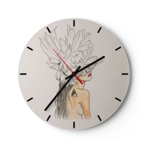 Nástěnné hodiny - Portrét ženy s chocholem zakrývajícím oči - 30x30cm - Vrchol krásy - Moderní nástěnná dekorace do obývacího pokoje, kuchyně a ložnice ARTTOR