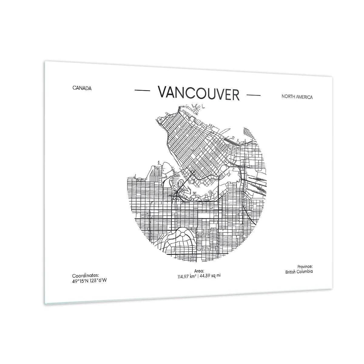Obraz na skle - Černobílá mapa ulic Vancouveru - 70x50cm - Anatomie Vancouveru - Moderní nástěnná dekorace do obývacího pokoje a ložnice ARTTOR