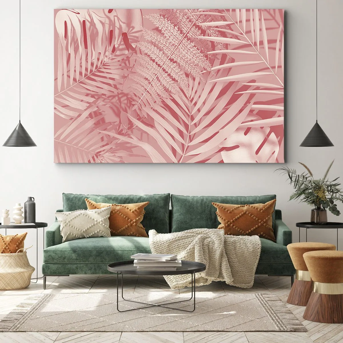 Obraz na plátně - Růžové tropické listy v jemném a minimalistickém stylu - 70x50cm - Růžový koncept - Moderní nástěnná dekorace do obývacího pokoje a ložnice ARTTOR