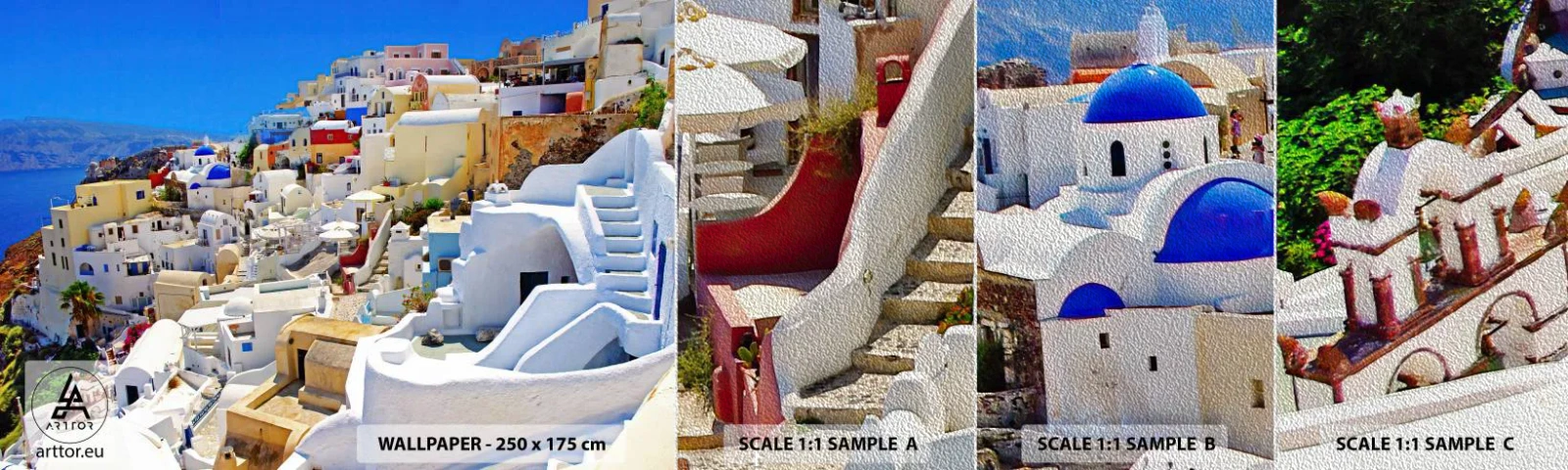 Vzor Fototapety Premium Sand - Sen o řeckém létě - Architektura, Krajina, Santorini - 100x30 cm
