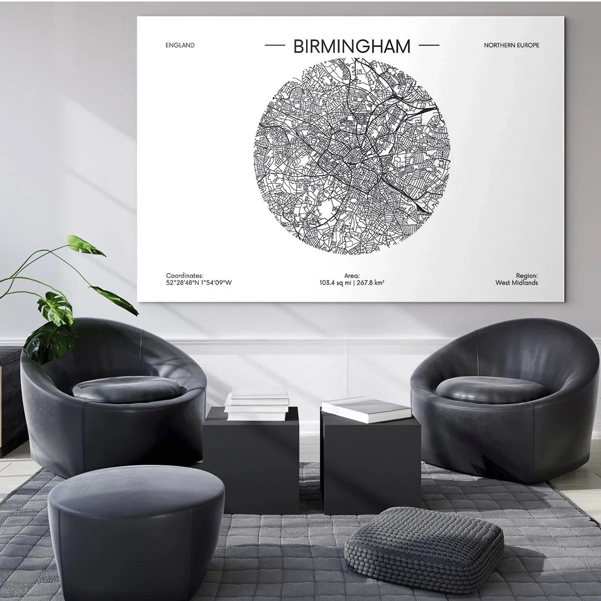 Obraz na skle - Černobílá mapa Birminghamu v moderním grafickém stylu - 70x50cm - Anatomie Birminghamu - Moderní nástěnná dekorace do obývacího pokoje a ložnice ARTTOR