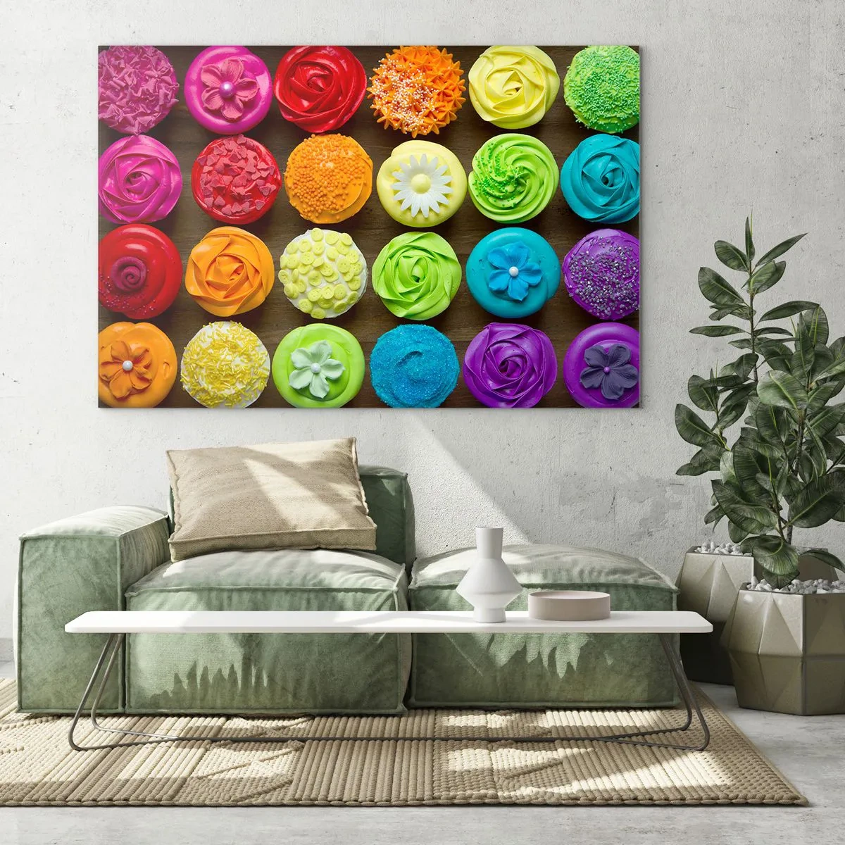 Obraz na skle - Barevné košíčky s dekoracemi na dřevěném pozadí - 70x50cm - Každé jiné - všechny skvělé - Moderní nástěnná dekorace do obývacího pokoje a ložnice ARTTOR