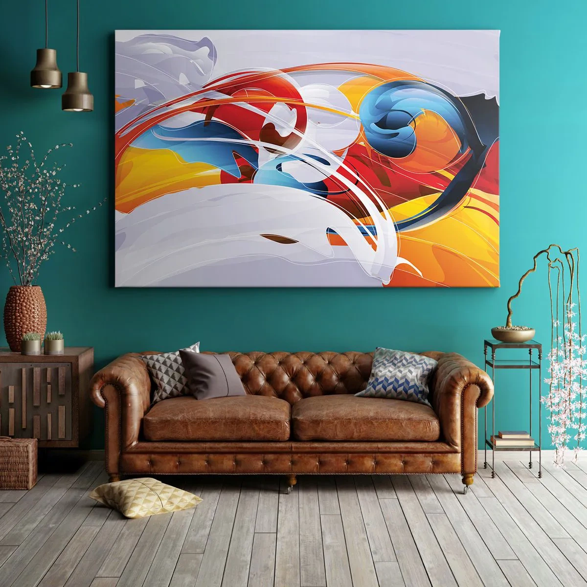Obraz na plátně - Barevná abstrakce s dynamickými liniemi a živými barvami - 70x50cm - Tanec živlů - Moderní nástěnná dekorace do obývacího pokoje a ložnice ARTTOR