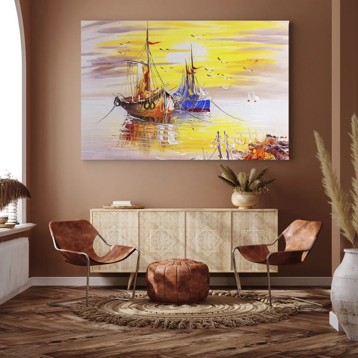 Obraz na plátně - Malířská scéna lodí na klidném moři - 70x50cm - Zasloužený odpočinek v přístavu - Moderní nástěnná dekorace do obývacího pokoje a ložnice ARTTOR