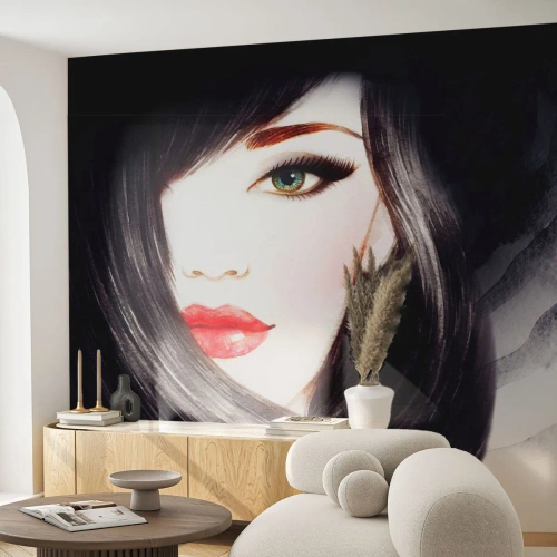 Fototapeta Samolepicí Deluxe Sticker - Safírový pohled - ženská tvář, červené rty, Zelené oči - 300x210 cm