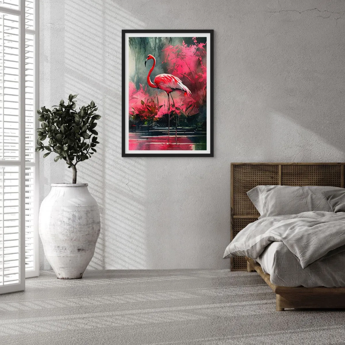 Plakát v černém rámu - Plameňák obklopený růžovou vegetací u vody - 50x70cm - Hodiny přírodního kouzla - Moderní nástěnná dekorace do obývacího pokoje a ložnice ARTTOR