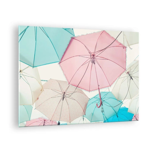 Obraz na skle - Barevné deštníky vznášející se ve vzduchu - 70x50cm - Občas slunce, občas déšť - Moderní nástěnná dekorace do obývacího pokoje a ložnice ARTTOR