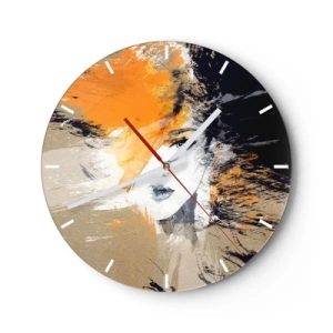 Nástěnné hodiny - Abstraktní portrét ženy v teplých odstínech oranžové a béžové. - 30x30cm - A je světlo - Moderní nástěnná dekorace do obývacího pokoje, kuchyně a ložnice ARTTOR