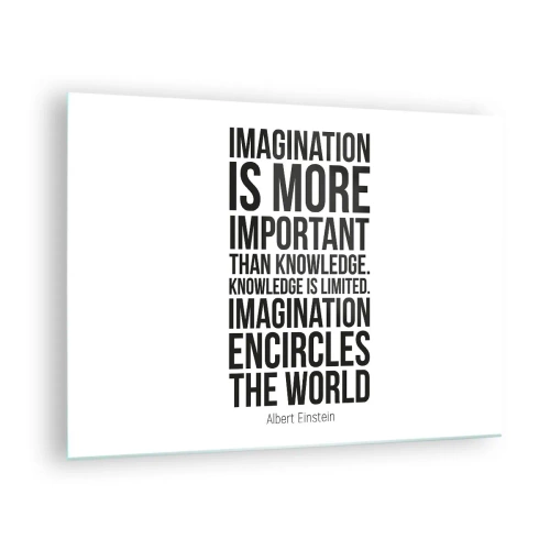 Obraz na skle - Citát o představivosti v minimalistické typografii - 70x50cm - Einstein o síle představivosti - Moderní nástěnná dekorace do obývacího pokoje a ložnice ARTTOR