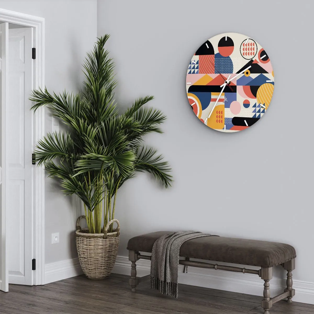 Nástěnné hodiny - Barevná geometrická abstrakce v retro stylu - 30x30cm - Kompozice: pojďme si hrát - Moderní nástěnná dekorace do obývacího pokoje, kuchyně a ložnice ARTTOR