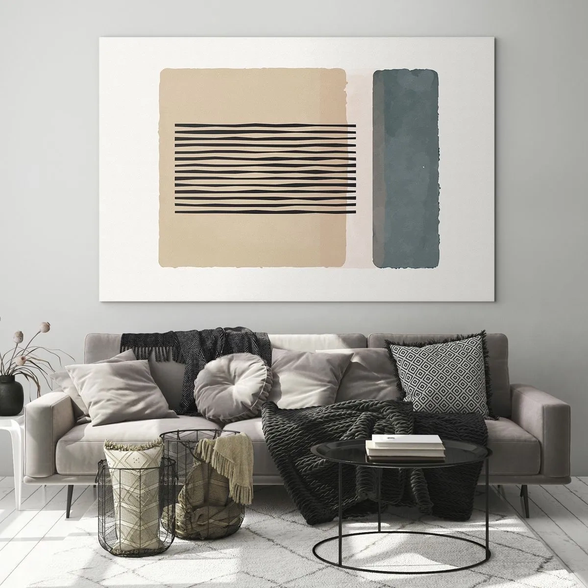 Obraz na skle - Geometrická kompozice s pruhy a barevnými bloky - 70x50cm - Všechno v pořádku - Moderní nástěnná dekorace do obývacího pokoje a ložnice ARTTOR