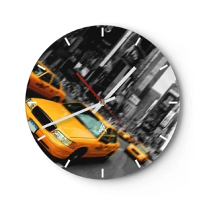 Nástěnné hodiny - Žluté taxíky na newyorské ulici v pozadí - 30x30cm - Newyorské kapky slunce - Moderní nástěnná dekorace do obývacího pokoje, kuchyně a ložnice ARTTOR