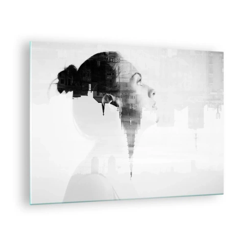 Obraz na skle - Silueta ženy s architektonickými prvky v pozadí - 70x50cm - Z obou stran okna - Moderní nástěnná dekorace do obývacího pokoje a ložnice ARTTOR