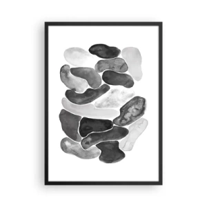Plakát v černém rámu - Abstraktní tvary v odstínech černé, šedé a bílé - 50x70cm - Kamenitá abstrakce - Moderní nástěnná dekorace do obývacího pokoje a ložnice ARTTOR