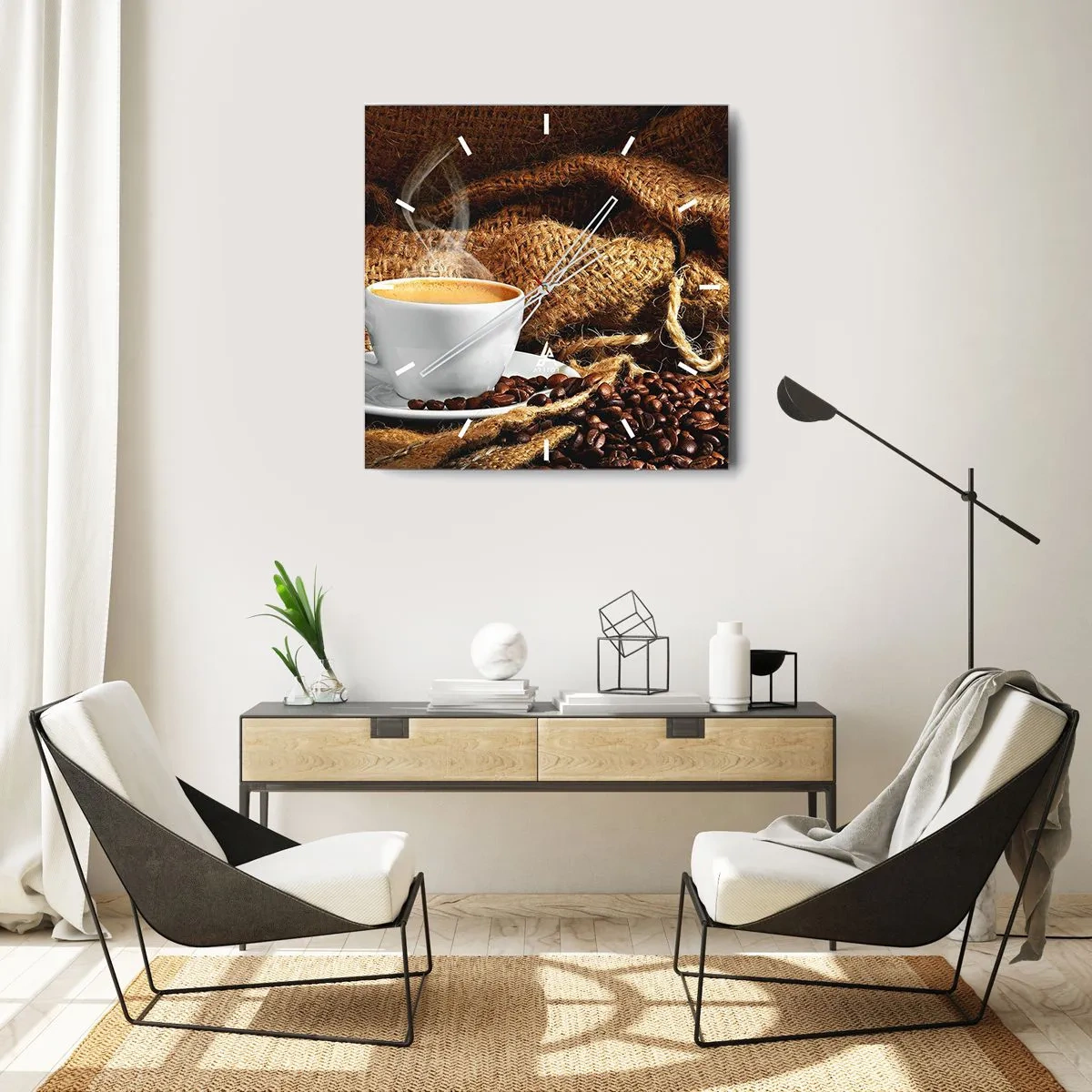 Nástěnné hodiny - Vůně moka a hustota medové tekutiny - 30x30 cm